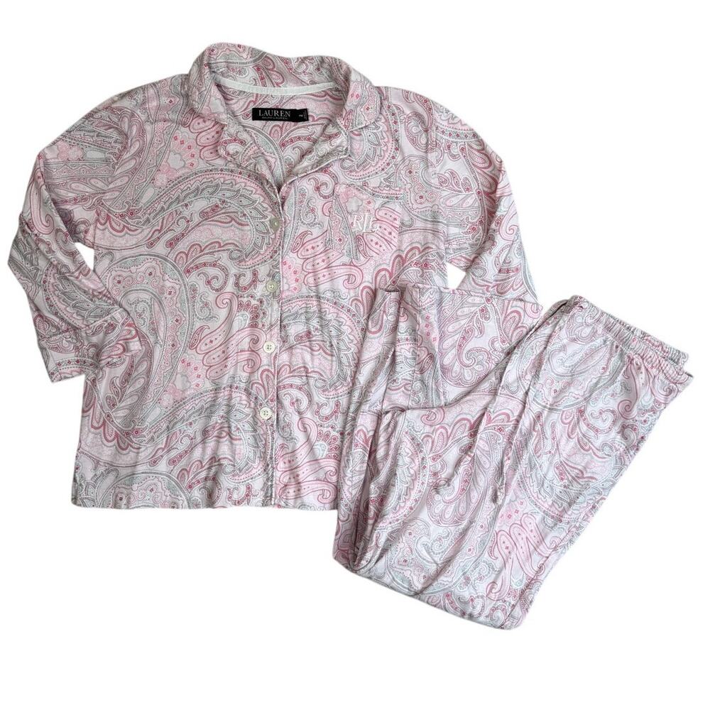 Ralph Lauren Pajama Set Womens Medium Petite PM Pink Paisley Top Pants Lounge